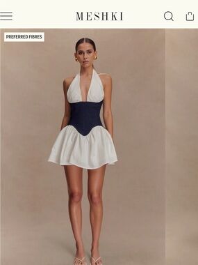 MESHKI Merlyn White Halter Mini Dress with Navy Corset